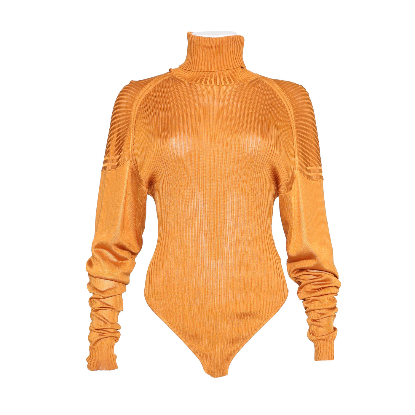 Bottega Veneta  Dark Orange Ribbed Silk Turtleneck Bodysuit